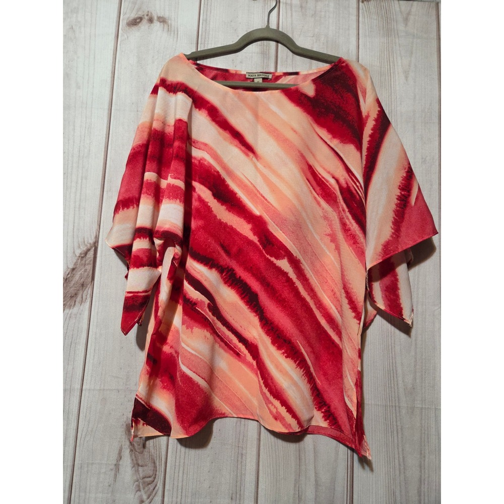 Maya Brooke Women Red Coral Abstract Print Dolman Sleeve Blouse‎ Top Size 16